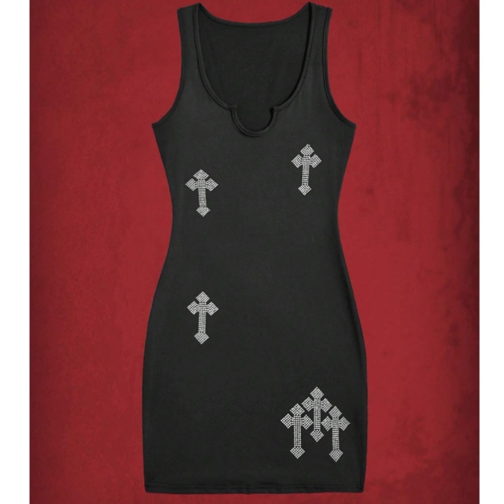ROMWE Sleeveless Cross Rhinestone Stretch Bodycon Dress Size Small S Goth Grunge